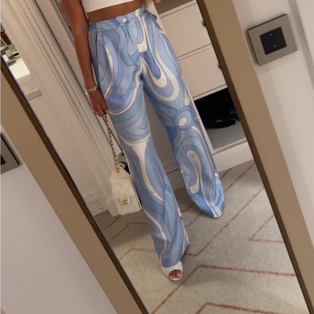 High-Rise Wide Leg Swirl Print Pants - Blue